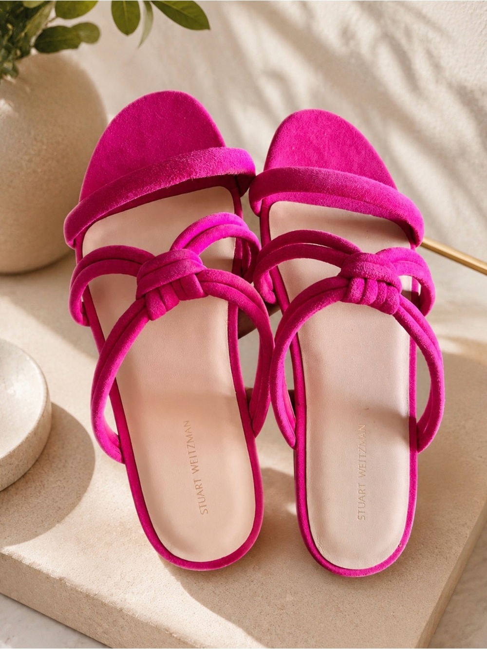 Stuart Weitzman Fuchsia Knotted Suede Slide Sandals